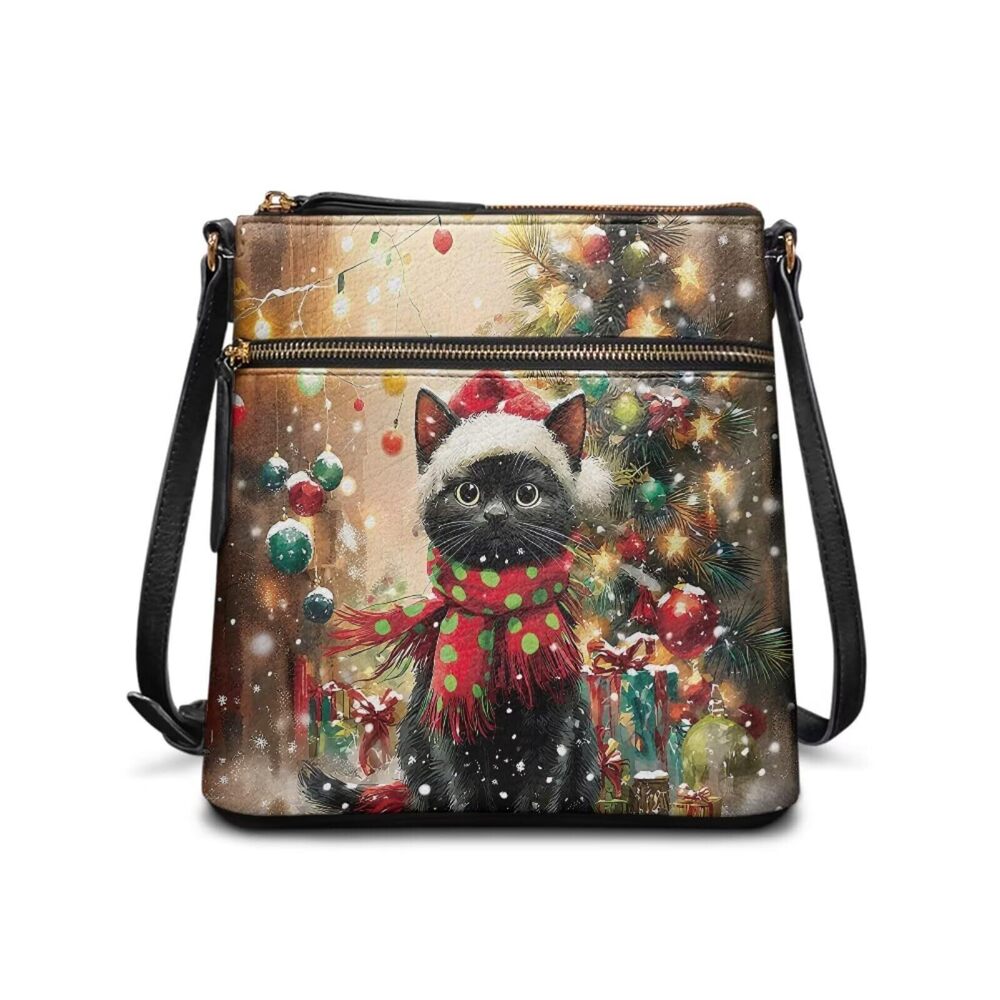 6672 Christmas Crossbody Handbag Crossbody Handbag Black Cat Leather Top